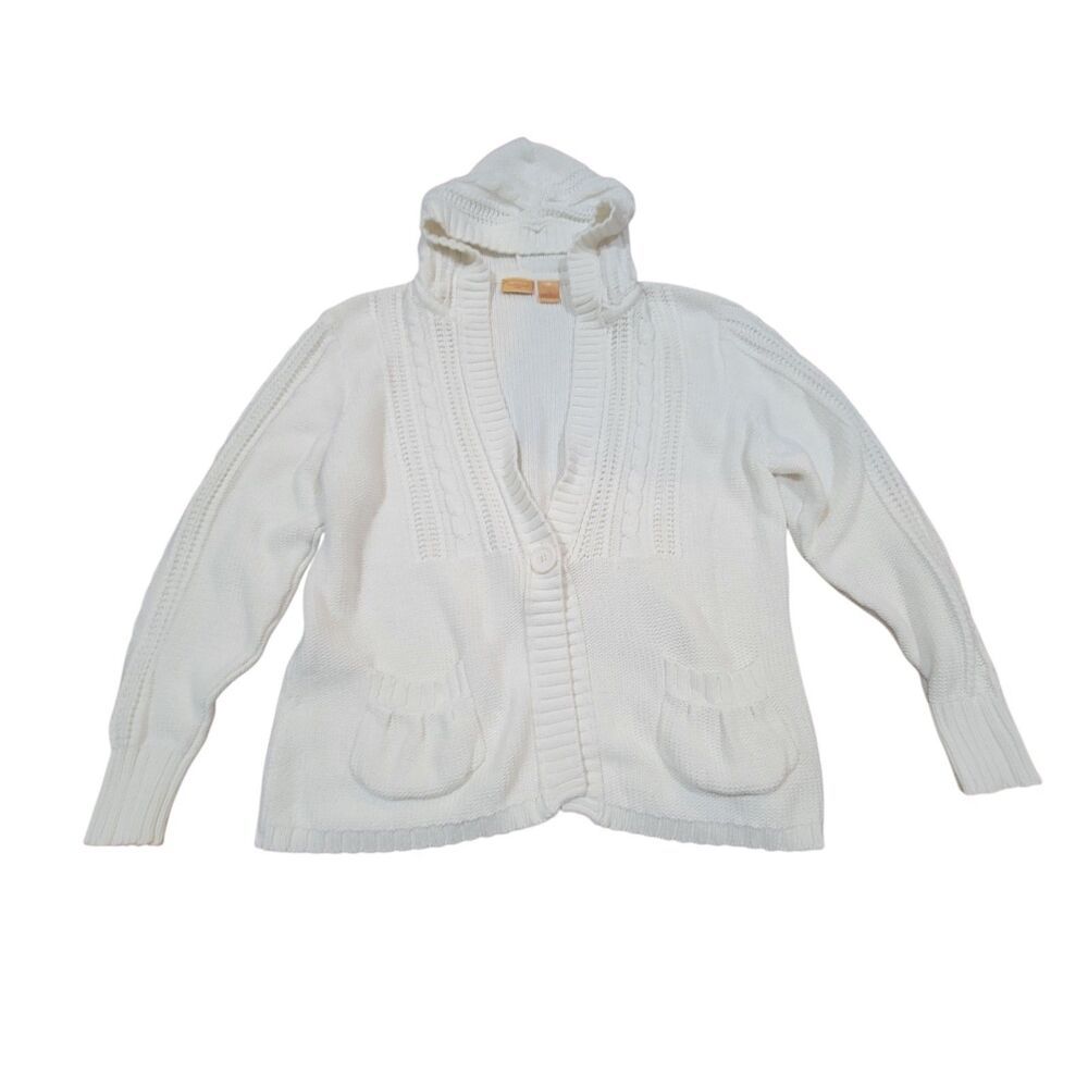 NorthCrest White Cotton Knit Cardigan Sweater Womens XL Cable Pocket Cottage